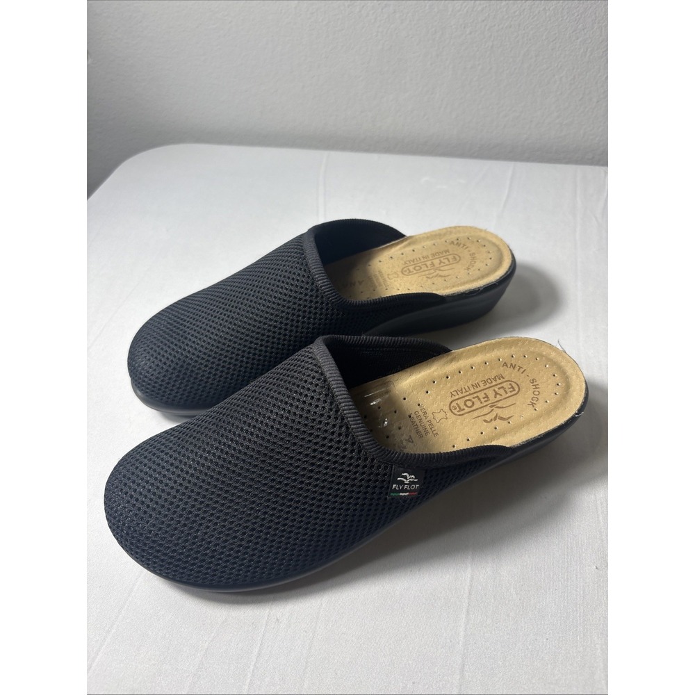 Fly Flot Size 39 8.5 Black Women Comfort Mules Genuine Leather Mesh Italy Shoes